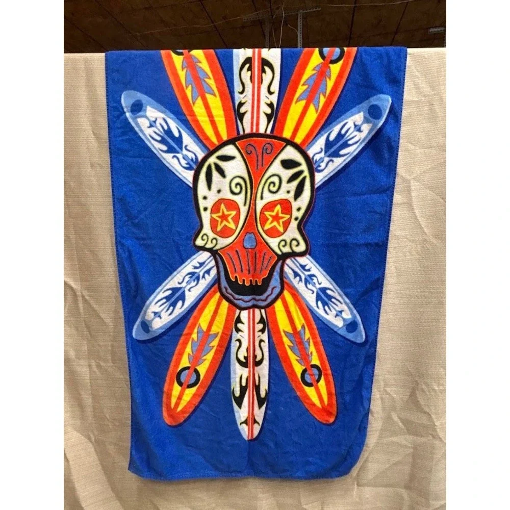 Sugar Skull Surfboard Beach Towel Blue Graphic Oversized 58x32 Surf Decor